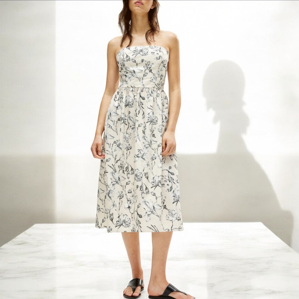 H&M Floral Strapless Dress - Cream and Blue